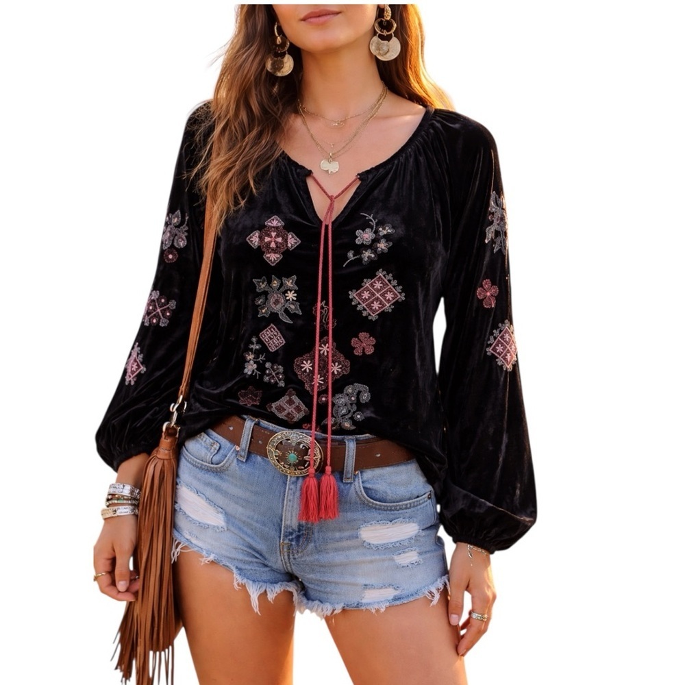 Boho Black Velvet Embroidered Peasant Blouse | Tassel Tie Tunic | Long Sleeve